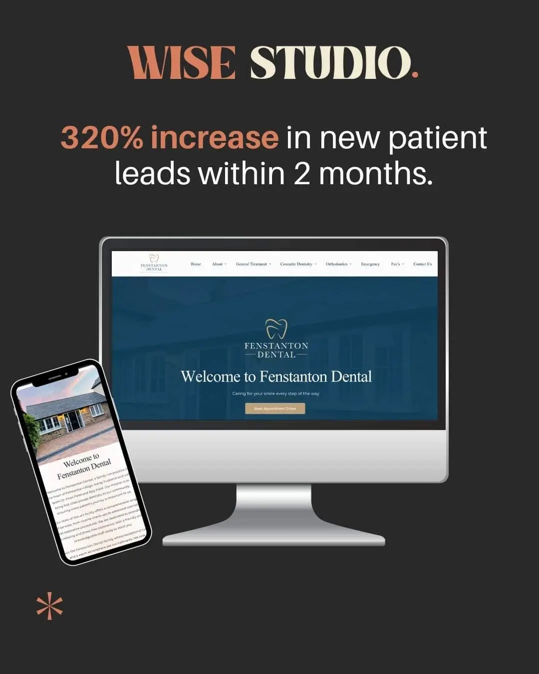 website mockup of fenstanton dental practice phone + macbook